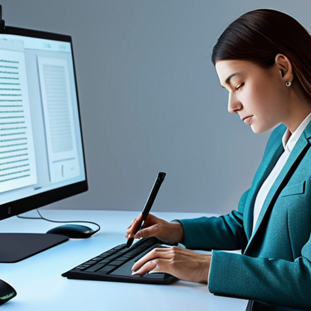 A professional, fully clothed female songwriter in a modest, contemporary blazer and slacks, sitting thoughtfully at a sleek, minimalist desk. Her hands, with proper finger count and well-formed, rest near a glowing, holographic tablet displaying evolving song lyrics and a subtle, abstract representation of AI-generated creative suggestions. The background is a modern, light-filled studio with acoustic panels and high-tech equipment, symbolizing innovation. Perfect anatomy, correct proportions, natural pose, natural body proportions, safe for work, appropriate content, professional dress, family-friendly.