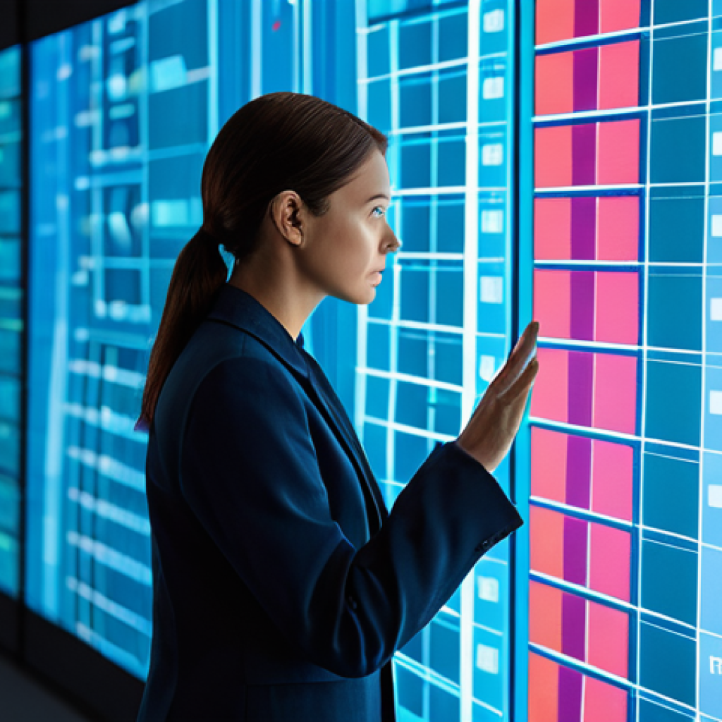 A professional female AI researcher in a modest business suit, intently observing a large, translucent digital display. The display presents an evolving abstract color palette, intricately visualizing complex emotional data analysis, with subtle, glowing lines illustrating AI processing and interpretation. The setting is a clean, minimalist AI research lab, bathed in soft, ambient lighting. fully clothed, appropriate attire, professional dress, safe for work, appropriate content, perfect anatomy, correct proportions, natural pose, well-formed hands, proper finger count, natural body proportions, high-resolution, professional photography, cinematic lighting, professional.