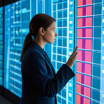 A professional female AI researcher in a modest business suit, intently observing a large, translucent digital display. The display presents an evolving abstract color palette, intricately visualizing complex emotional data analysis, with subtle, glowing lines illustrating AI processing and interpretation. The setting is a clean, minimalist AI research lab, bathed in soft, ambient lighting. fully clothed, appropriate attire, professional dress, safe for work, appropriate content, perfect anatomy, correct proportions, natural pose, well-formed hands, proper finger count, natural body proportions, high-resolution, professional photography, cinematic lighting, professional.