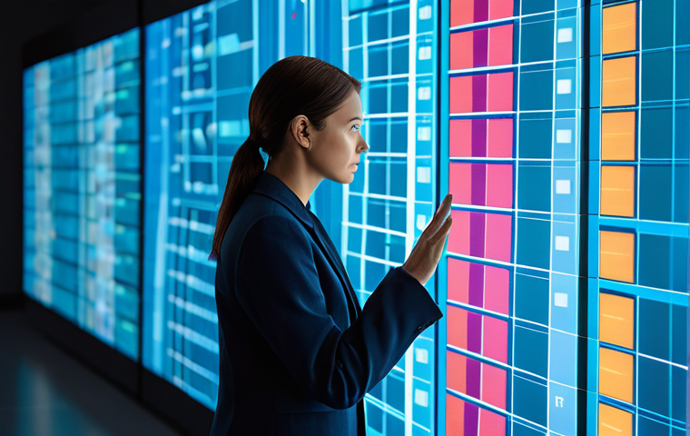 A professional female AI researcher in a modest business suit, intently observing a large, translucent digital display. The display presents an evolving abstract color palette, intricately visualizing complex emotional data analysis, with subtle, glowing lines illustrating AI processing and interpretation. The setting is a clean, minimalist AI research lab, bathed in soft, ambient lighting. fully clothed, appropriate attire, professional dress, safe for work, appropriate content, perfect anatomy, correct proportions, natural pose, well-formed hands, proper finger count, natural body proportions, high-resolution, professional photography, cinematic lighting, professional.