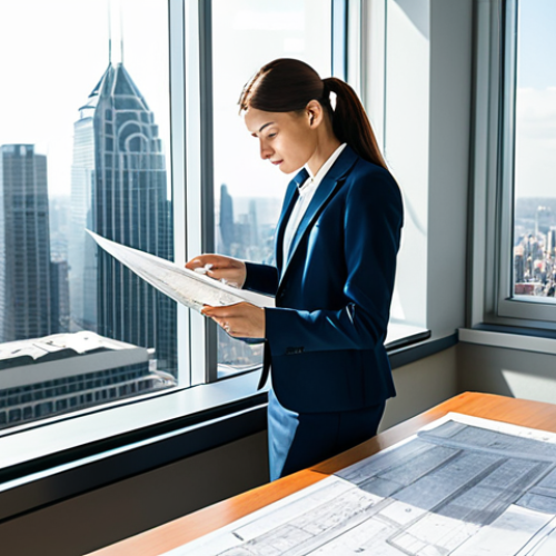 Home 15 **
A professional architect, fully clothed in modest business attire, reviewing blueprints in a brightly lit, modern office space. Large windows overlook a bustling city skyline. Safe for work, appropriate content, perfect anatomy, correct proportions, well-formed hands, proper finger count, natural pose, professional.
**