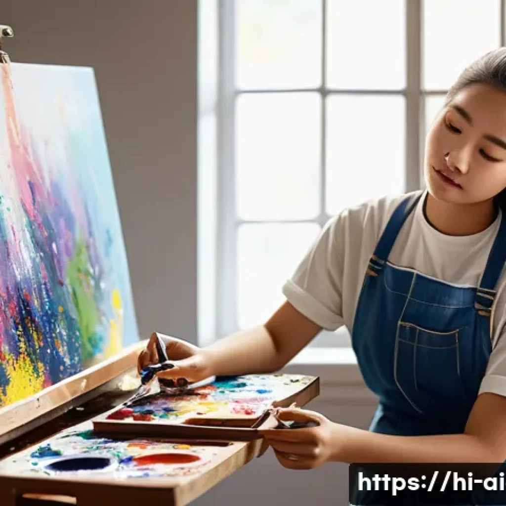 AI 예술 윤리 문제 - **Prompt: "A thoughtful young female artist, with vibrant, paint-splattered hands, sits amidst her t...