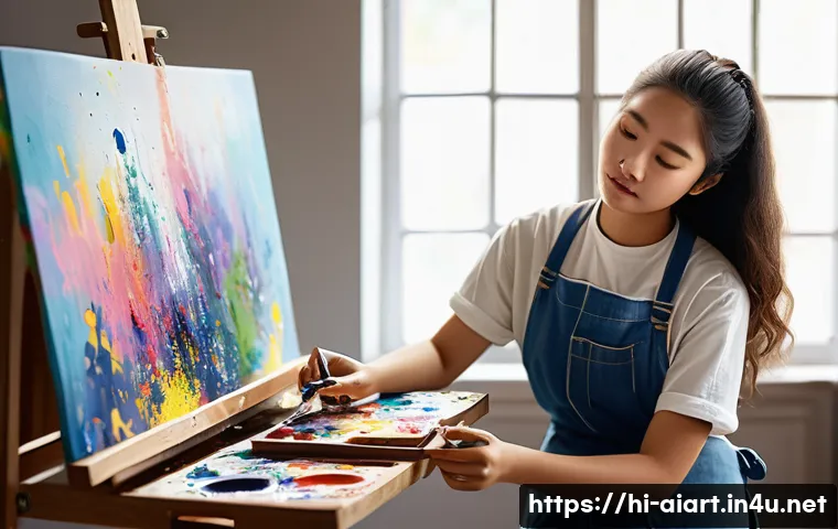 AI 예술 윤리 문제 - **Prompt: "A thoughtful young female artist, with vibrant, paint-splattered hands, sits amidst her t...