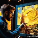 AI 예술과 음악 시각화 - A vibrant digital painting showcasing an AI artist transforming a simple photograph into an expressi...