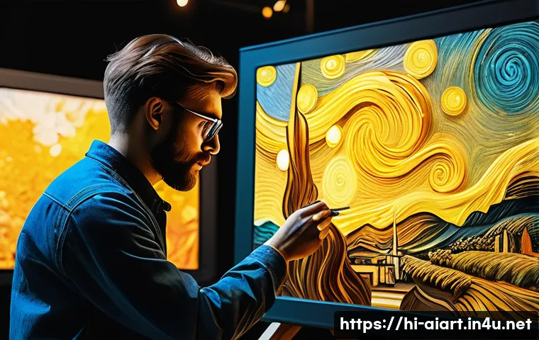 AI 예술과 음악 시각화 - A vibrant digital painting showcasing an AI artist transforming a simple photograph into an expressi...