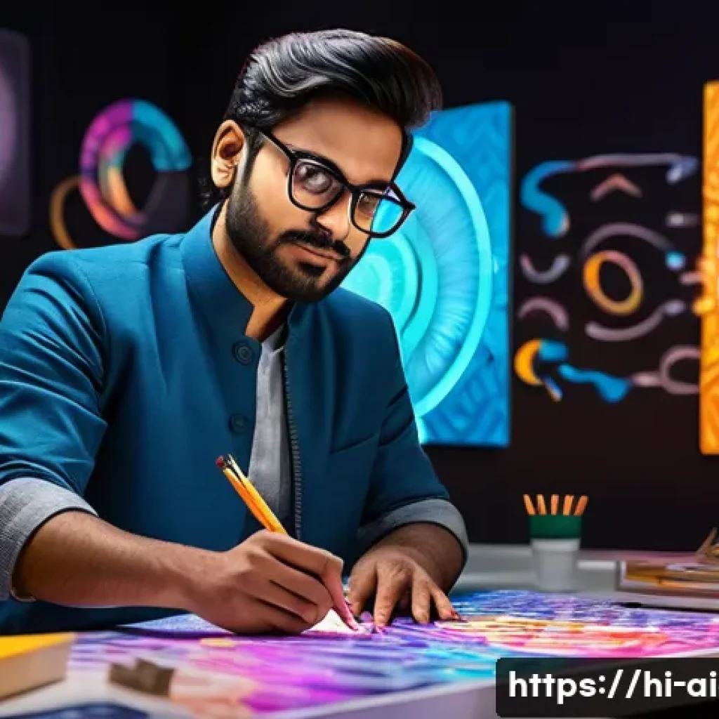 AI 예술과 신경망 초상화 - A vibrant digital artist&rsquo;s studio blending traditional Indian artistic elements with futuristic neur...