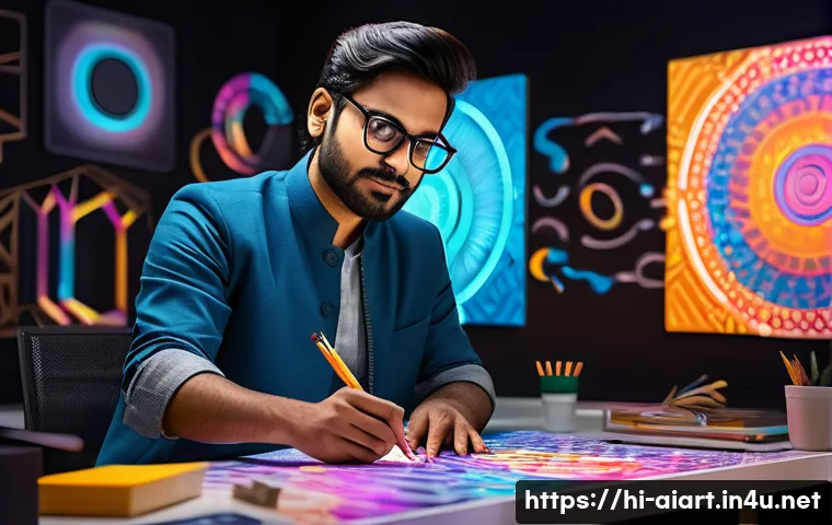 AI 예술과 신경망 초상화 - A vibrant digital artist&rsquo;s studio blending traditional Indian artistic elements with futuristic neur...