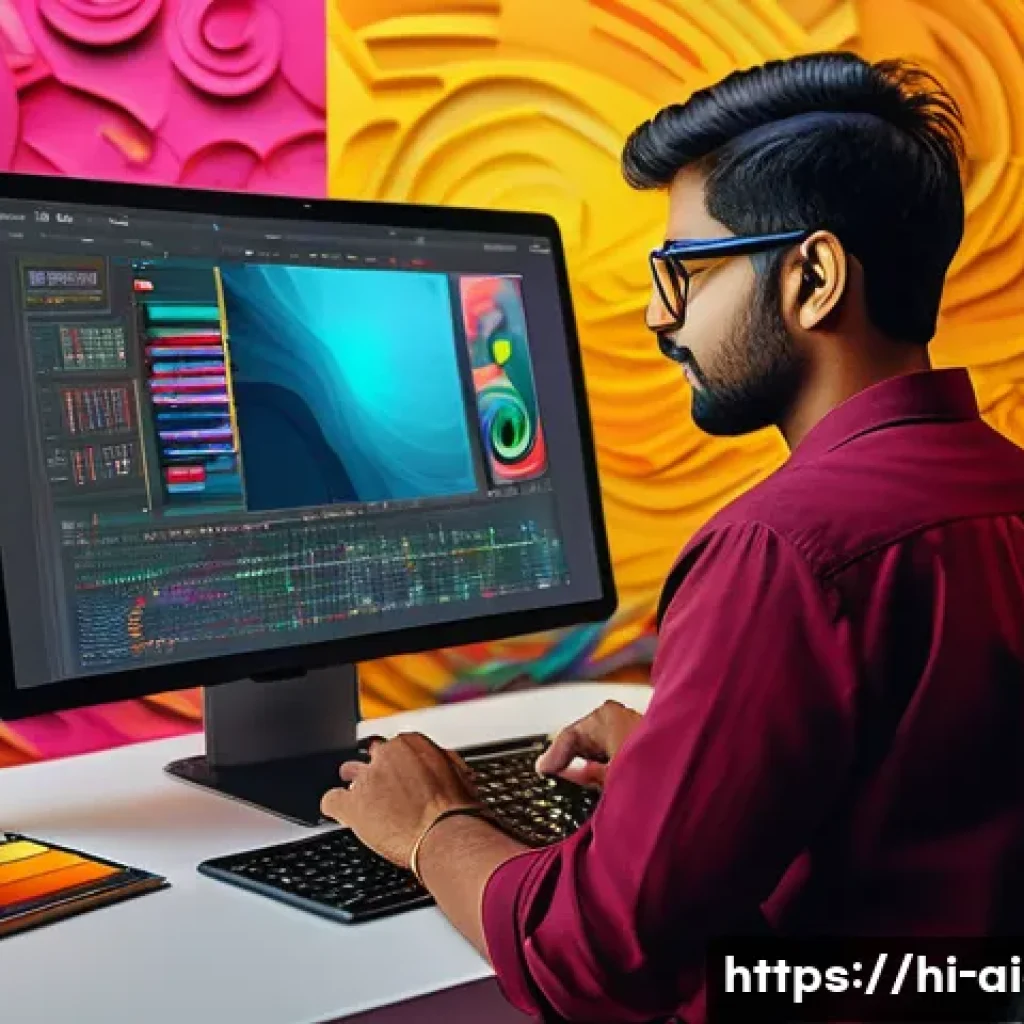 AI 예술과 프로그래밍 - A vibrant digital art studio scene featuring an Indian artist working on a high-resolution tablet, s...