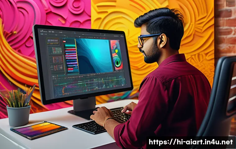 AI 예술과 프로그래밍 - A vibrant digital art studio scene featuring an Indian artist working on a high-resolution tablet, s...
