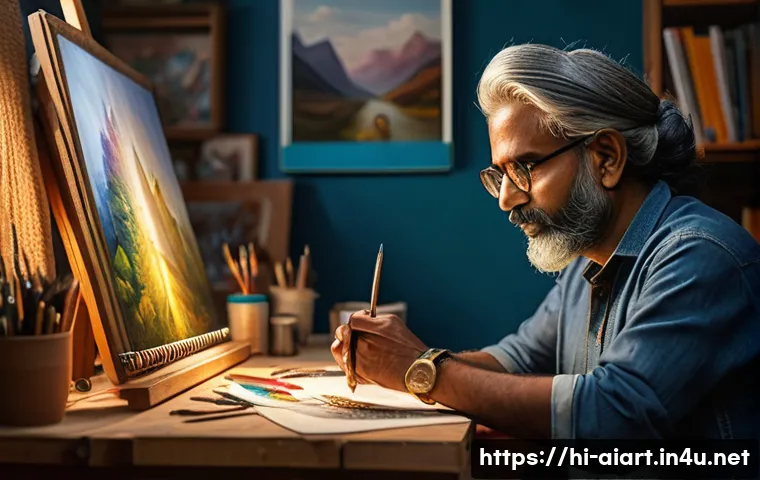 AI 예술과 인간 비교 - A thoughtful Indian male artist in his studio, surrounded by traditional and digital art tools, expr...