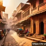 DALL E 사용법 - A vibrant street scene of Old Delhi bathed in golden sunlight, showcasing narrow alleys lined with c...