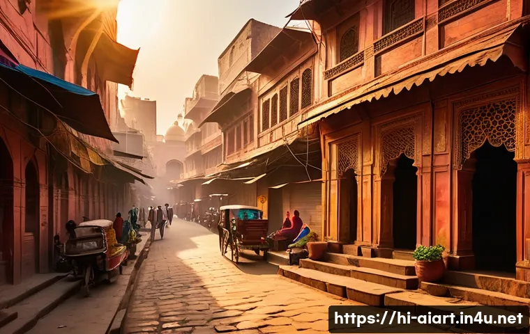 DALL E 사용법 - A vibrant street scene of Old Delhi bathed in golden sunlight, showcasing narrow alleys lined with c...