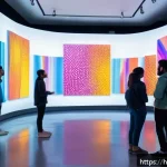 AI 예술과 인터랙티브 아트 - A futuristic interactive digital art installation in a modern gallery, featuring a large dynamic pai...