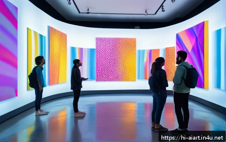 AI 예술과 인터랙티브 아트 - A futuristic interactive digital art installation in a modern gallery, featuring a large dynamic pai...