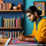 AI 예술과 AI 패턴 생성 - A vibrant digital art studio scene featuring a young Indian artist wearing traditional casual clothi...