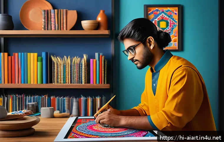 AI 예술과 AI 패턴 생성 - A vibrant digital art studio scene featuring a young Indian artist wearing traditional casual clothi...