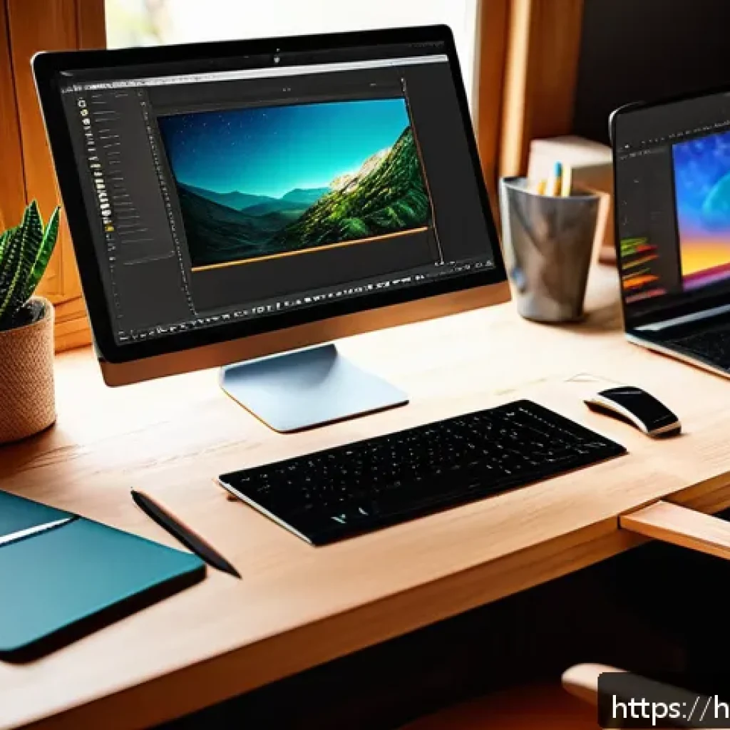 MidJourney 튜토리얼 - A digital artist’s cozy workspace featuring a sleek pen tablet, a high-resolution monitor displaying...