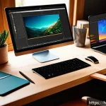 MidJourney 튜토리얼 - A digital artist&rsquo;s cozy workspace featuring a sleek pen tablet, a high-resolution monitor displaying...