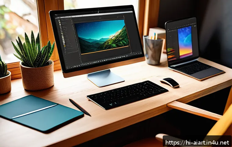 MidJourney 튜토리얼 - A digital artist’s cozy workspace featuring a sleek pen tablet, a high-resolution monitor displaying...