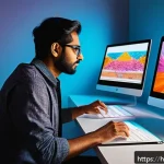 AI 일러스트레이션 - A digital artist working in a modern studio filled with multiple high-tech screens and AI design too...