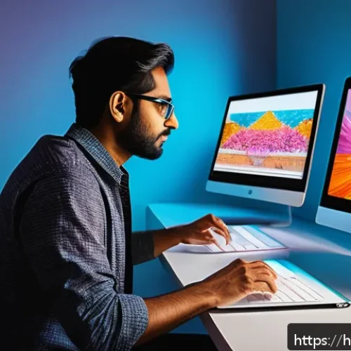AI 일러스트레이션 - A digital artist working in a modern studio filled with multiple high-tech screens and AI design too...