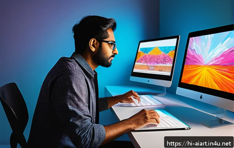 AI 일러스트레이션 - A digital artist working in a modern studio filled with multiple high-tech screens and AI design too...
