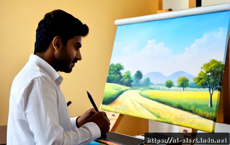 Home 17 AI 페인팅 - Photorealistic Indian digital artist in a bright modern home studio, using a stylus on a large pen d...
