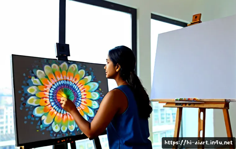 Home 17 AI 예술과 예술적 창조성 - Photorealistic Indian female artist in a bright contemporary studio, thoughtfully painting a vivid a...